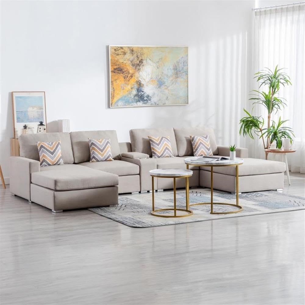 Lilola Home Nolan Beige Linen Fabric 5Pc Double Chaise Sectional Sofa with Interchangeable Legs, a USB, Charging Ports, Cupholders, Storage Console Table and Pillows