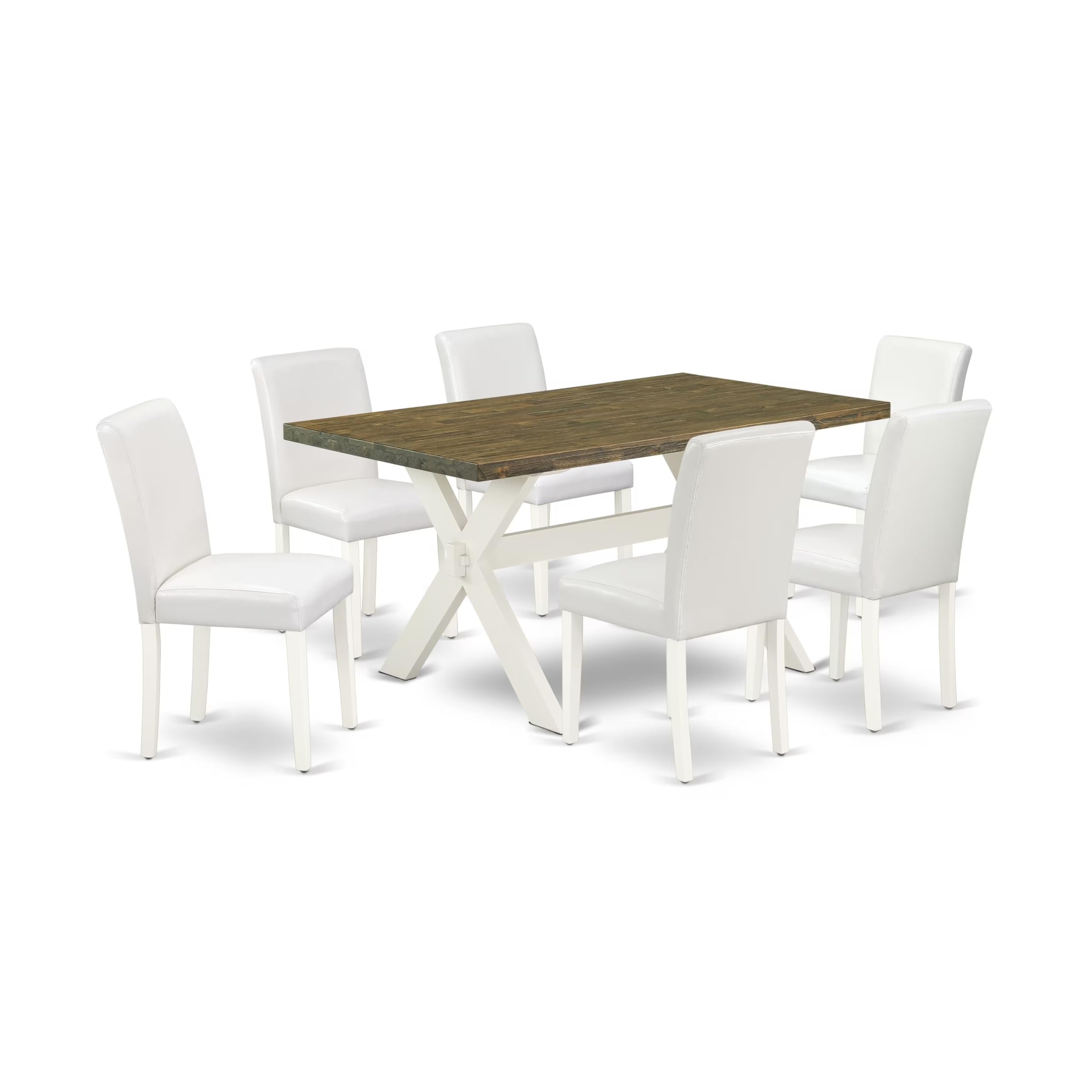 East West Furniture X076Ab264-7 7 Piece Dining Room Table Set Consist Of A Rectangle Kitchen Table With X-Legs And 6 White Faux Leather Parson Dining Chairs, 36X60 Inch, Multi-Color