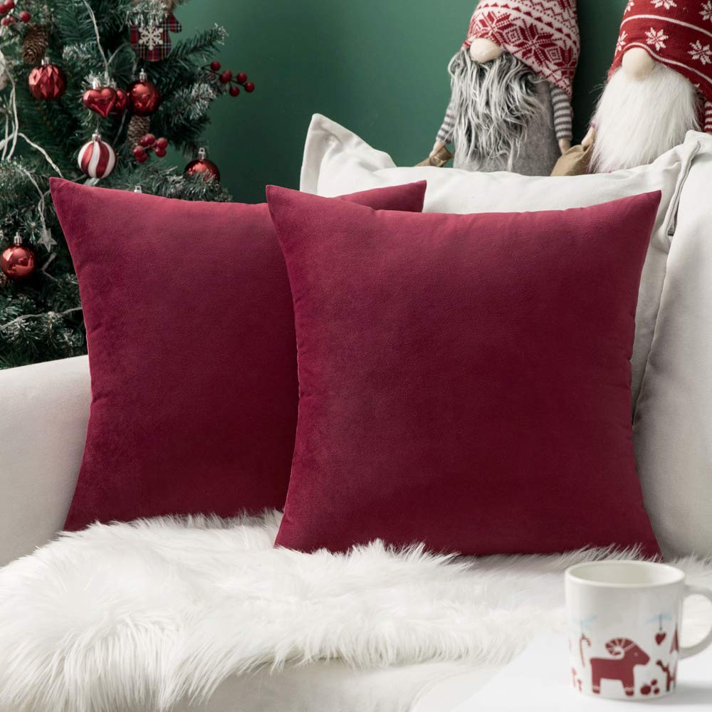 Miulee Pack Of 2 Velvet Pillow Covers Decorative Square Pillowcase Soft Solid Wine Red Christmas Cushion Case For Decor Sofa Bed