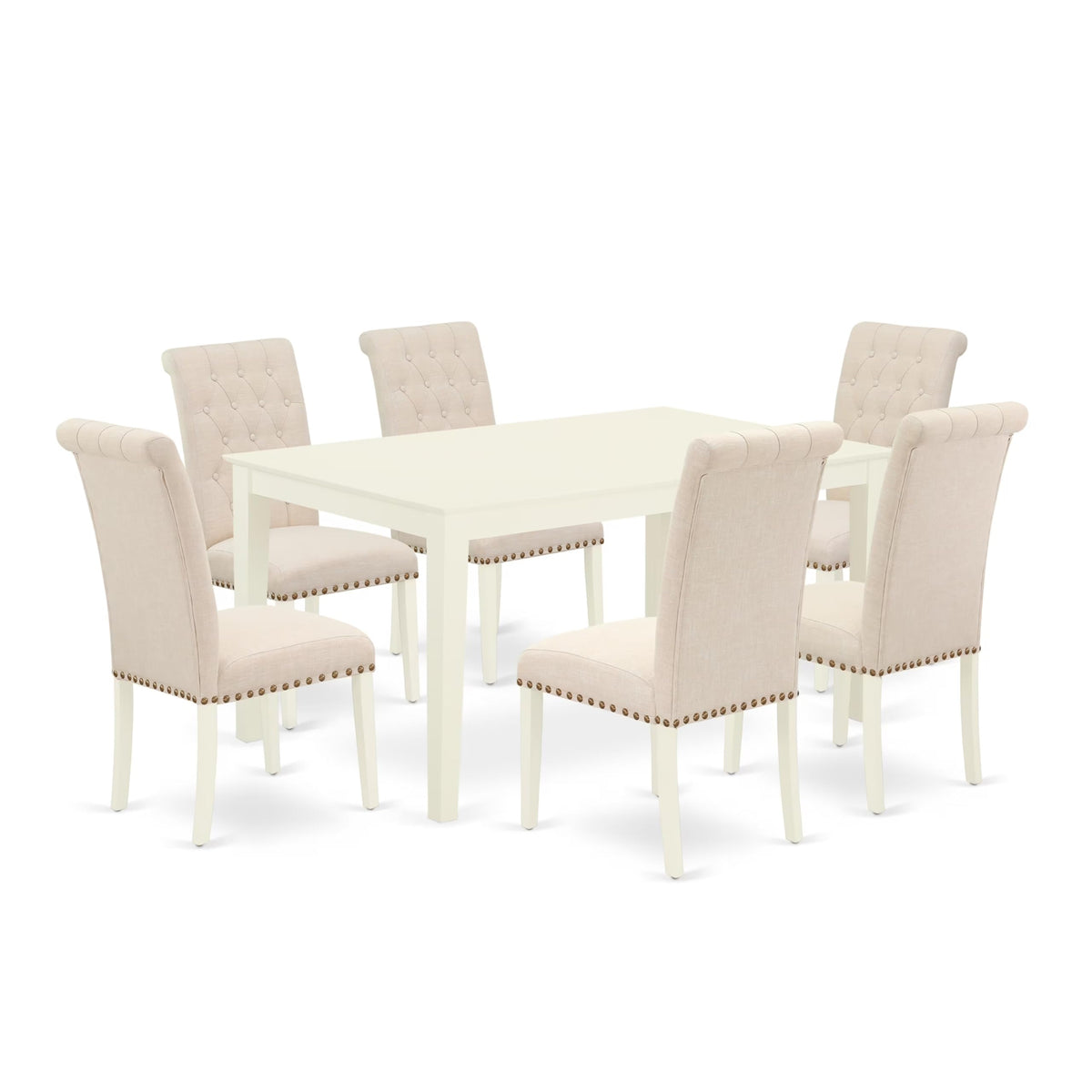 East West Furniture CABR7-LWH-02 7 Piece Dining Table Set Consist of a Rectangle Kitchen Table and 6 Light Beige Linen Fabric Parson Dining Chairs, 36x60 Inch, Linen White