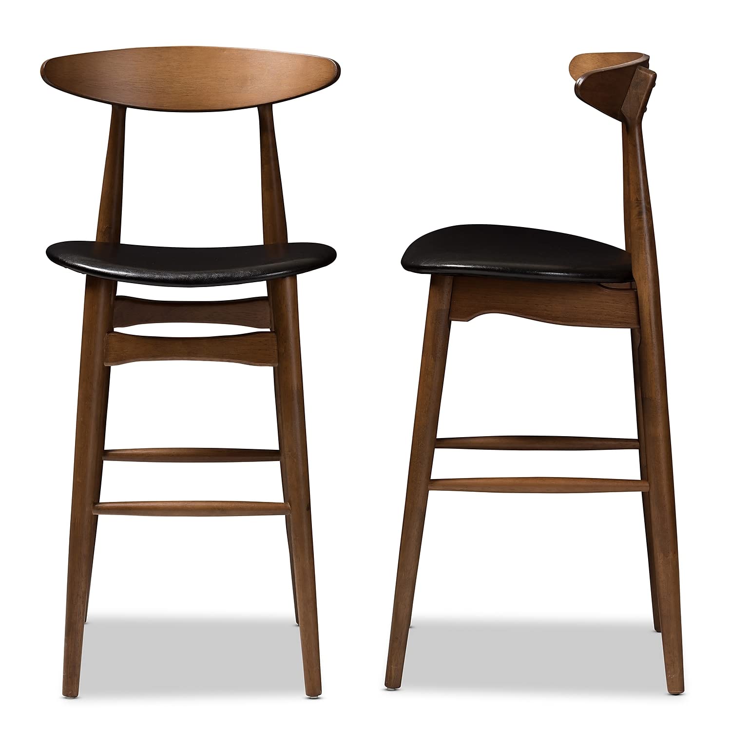Baxton Studio Flora Mid-Century Faux Leather Bar Stool with Back, Black and Walnut Brown, 2-Pieces (144-2P-8074-HIT)