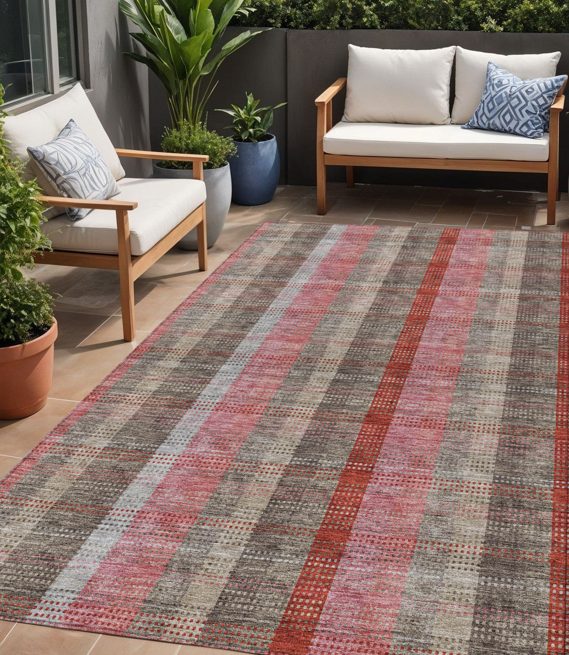 5 X 8 Red Pink And Pewter Plaid Washable Indoor Outdoor Area Rug