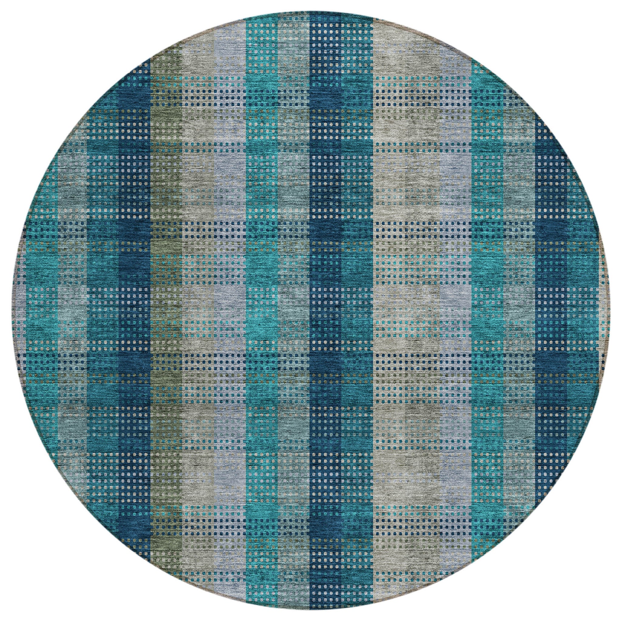 8 Teal Blue Navy Blue And Olive Green Round Plaid Washable Indoor Outdoor Area Rug