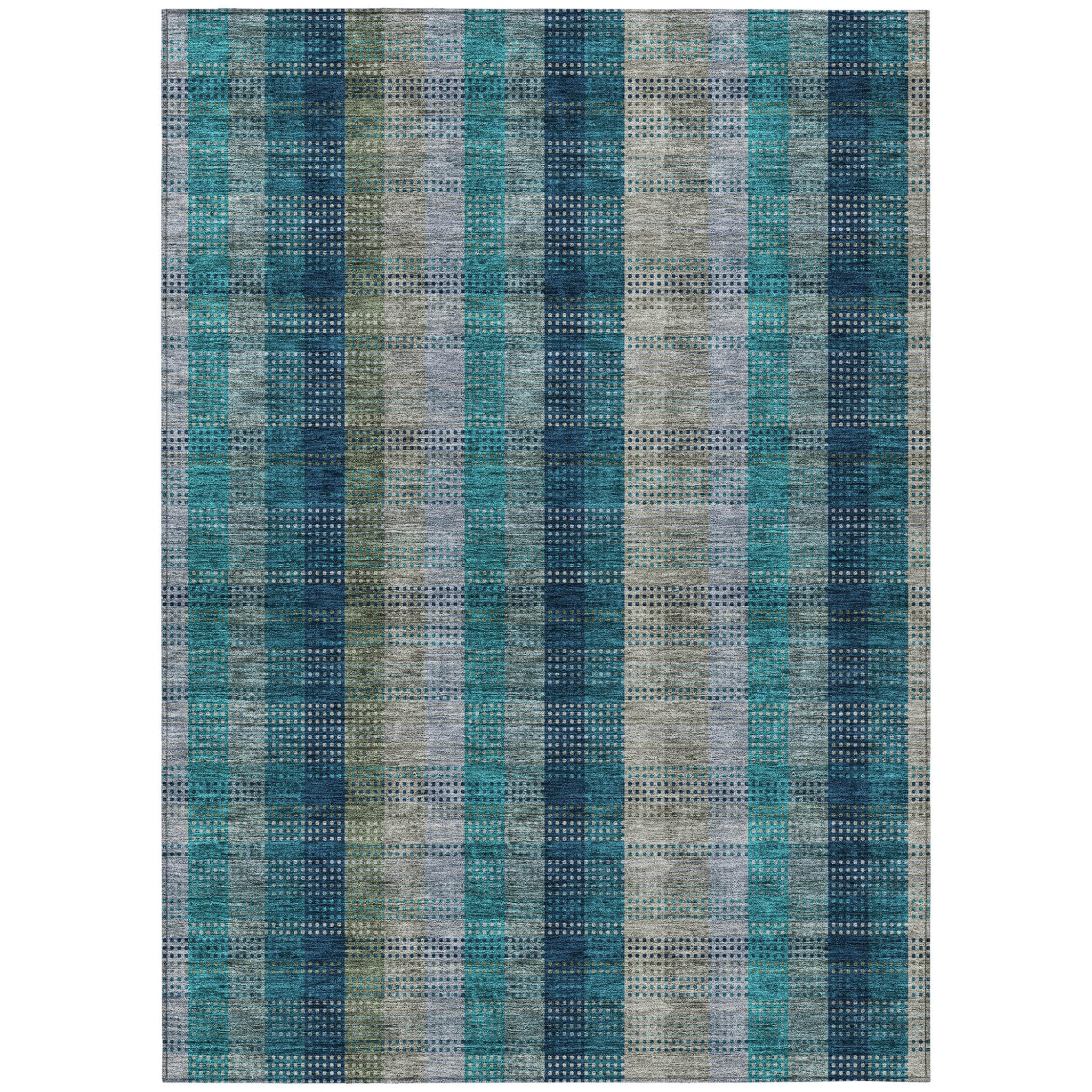 8 X 10 Teal Blue Navy Blue And Olive Green Plaid Washable Indoor Outdoor Area Rug