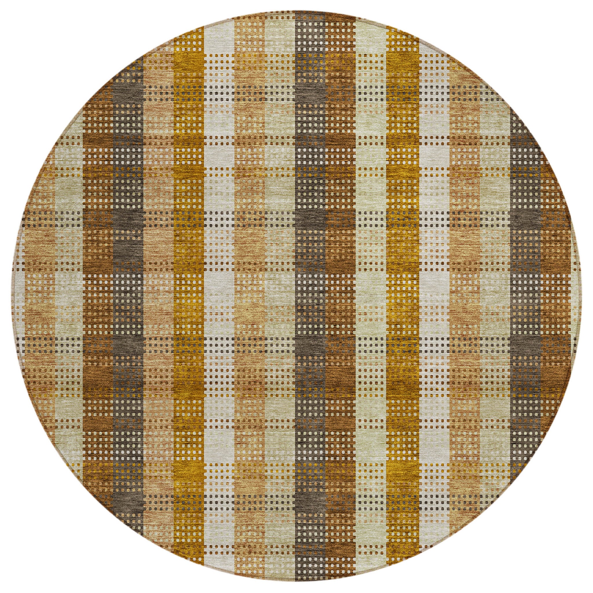 8 Wheat Ivory And Brown Round Plaid Washable Indoor Outdoor Area Rug