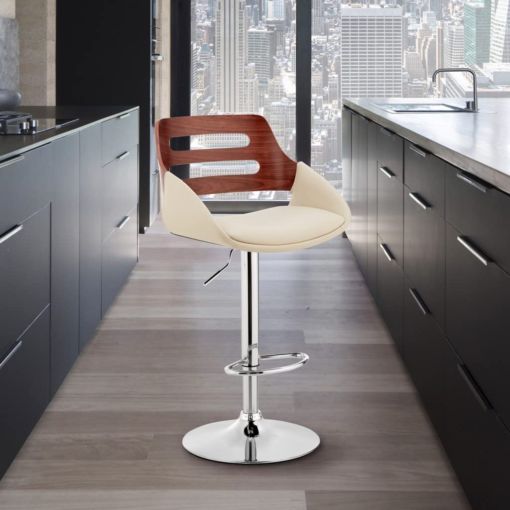 HomeRoots Metal/Plywood/Faux Leather Cream Faux Leather & Walnut Wood Adjustable Bar Stool