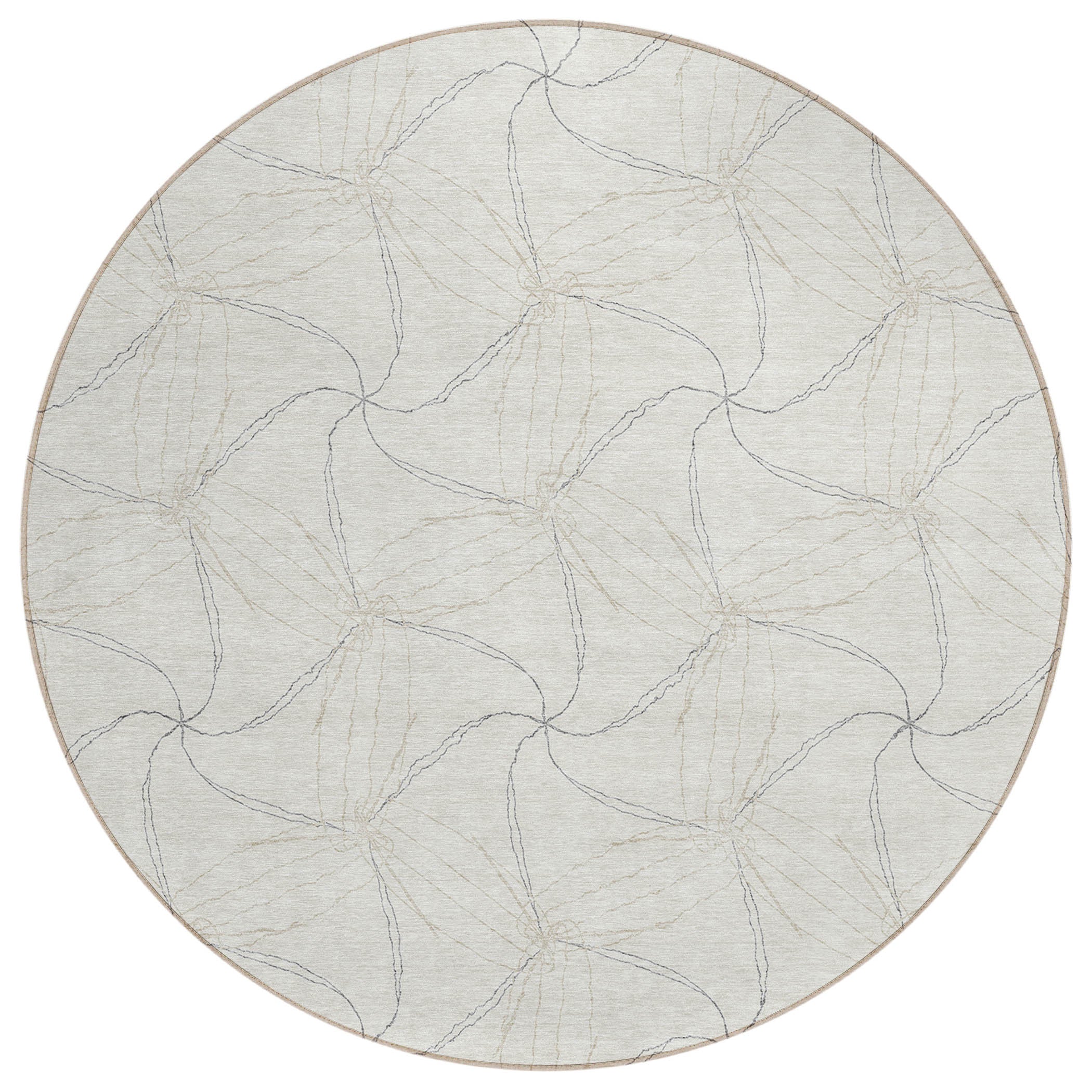 8 Ivory And Taupe Round Geometric Washable Indoor Outdoor Area Rug