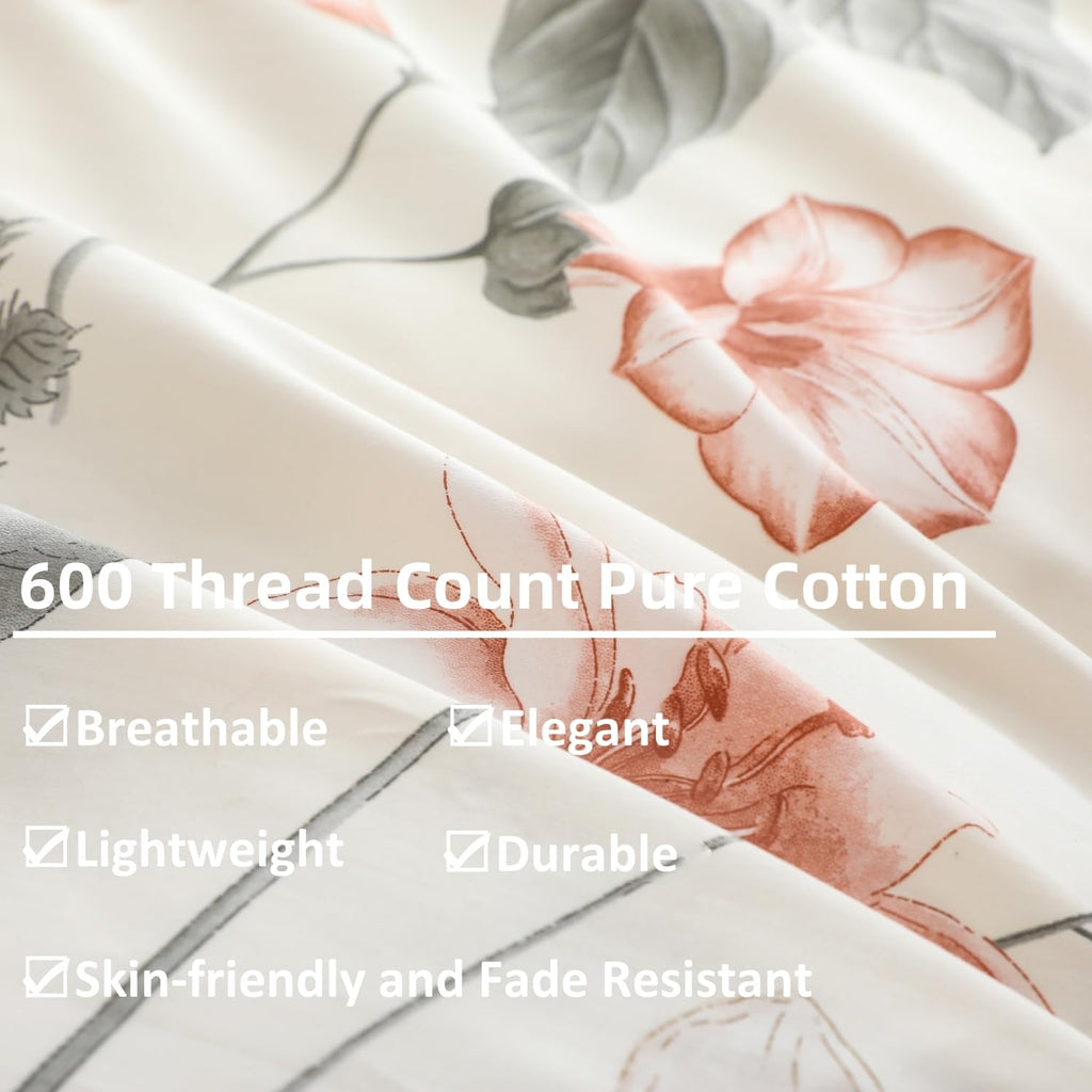 Oaite Duvet Cover Set Twin Size Floral Pattern 600 Thread Count Ultra Soft 100% Long Staple Cotton Duvet Cover Sets 3-Pc, Breath