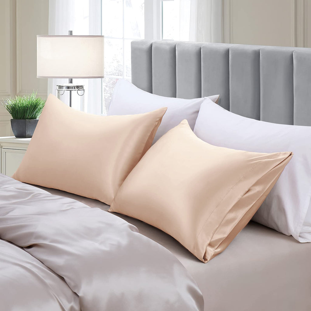 Aormenzy Beige Satin Pillowcase For Hair And Skin, Satin Pillow Cases For Women Standard Size Set Of 2 With Envelope Closure Sil