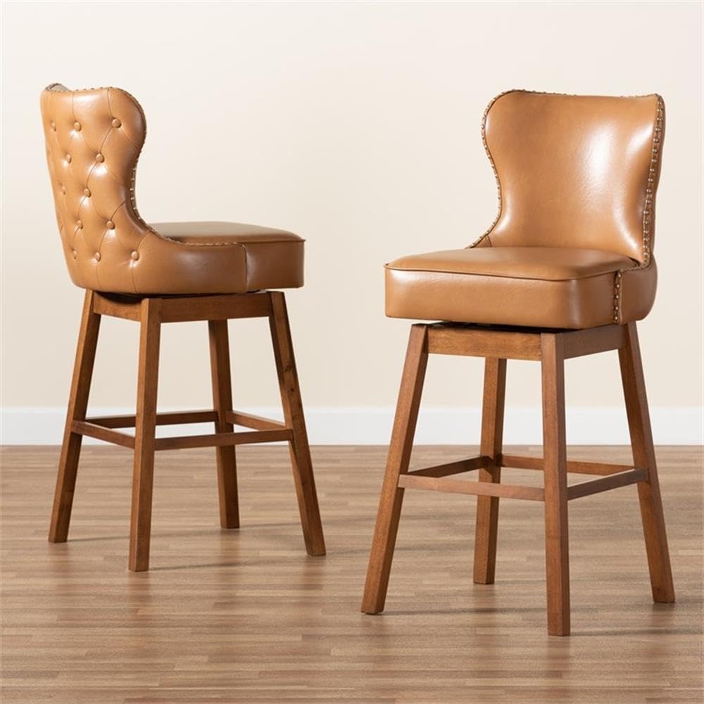 Baxton Studio Gradisca Modern and Contemporary Tan Faux Leather Upholstered and Walnut Brown Finished Wood 2-Piece Swivel Bar Stool Set