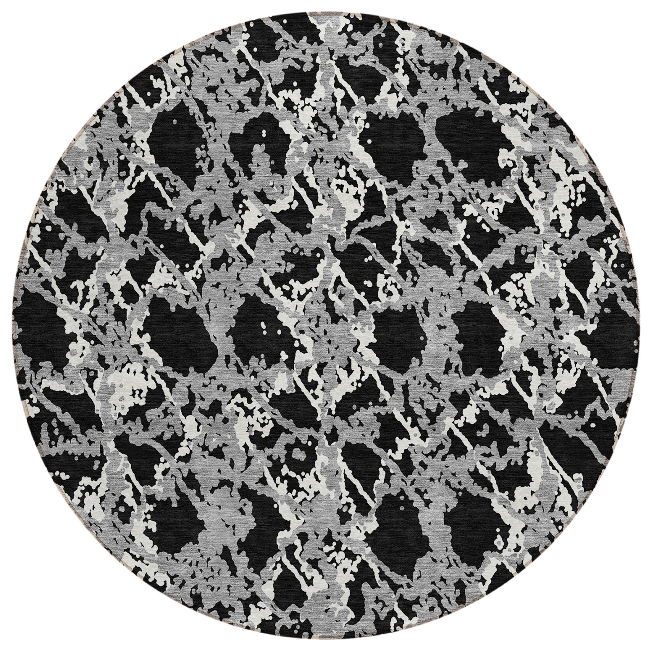 8 Black And Gray Round Abstract Washable Indoor Outdoor Area Rug