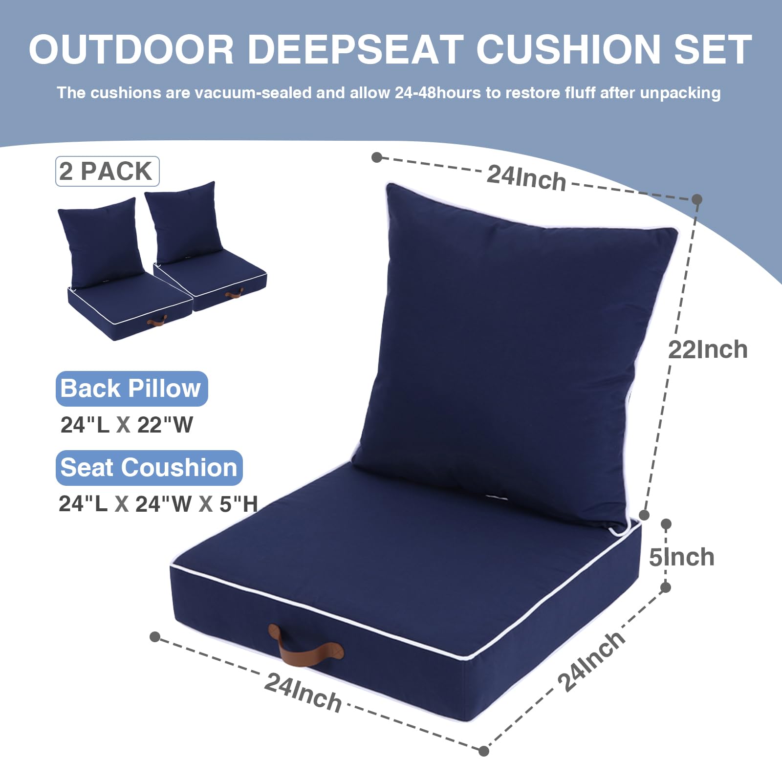 Enipate Outdoor Deep Seat Cushion Set Of 2, Weather Resistant Patio Furniture Cushions With Zipper And Handle, 24 X 24 X 5 Inch