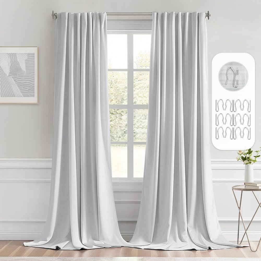 Miulee Back Tab Light Blocking Curtains 108 Inch Long 2 Panels Set For Living Room Bedroom Privacy, Greyish White Rod Pocket/Pinch Pleated Extra Long Thermal Insulated Room Darkening Blackout Drapes