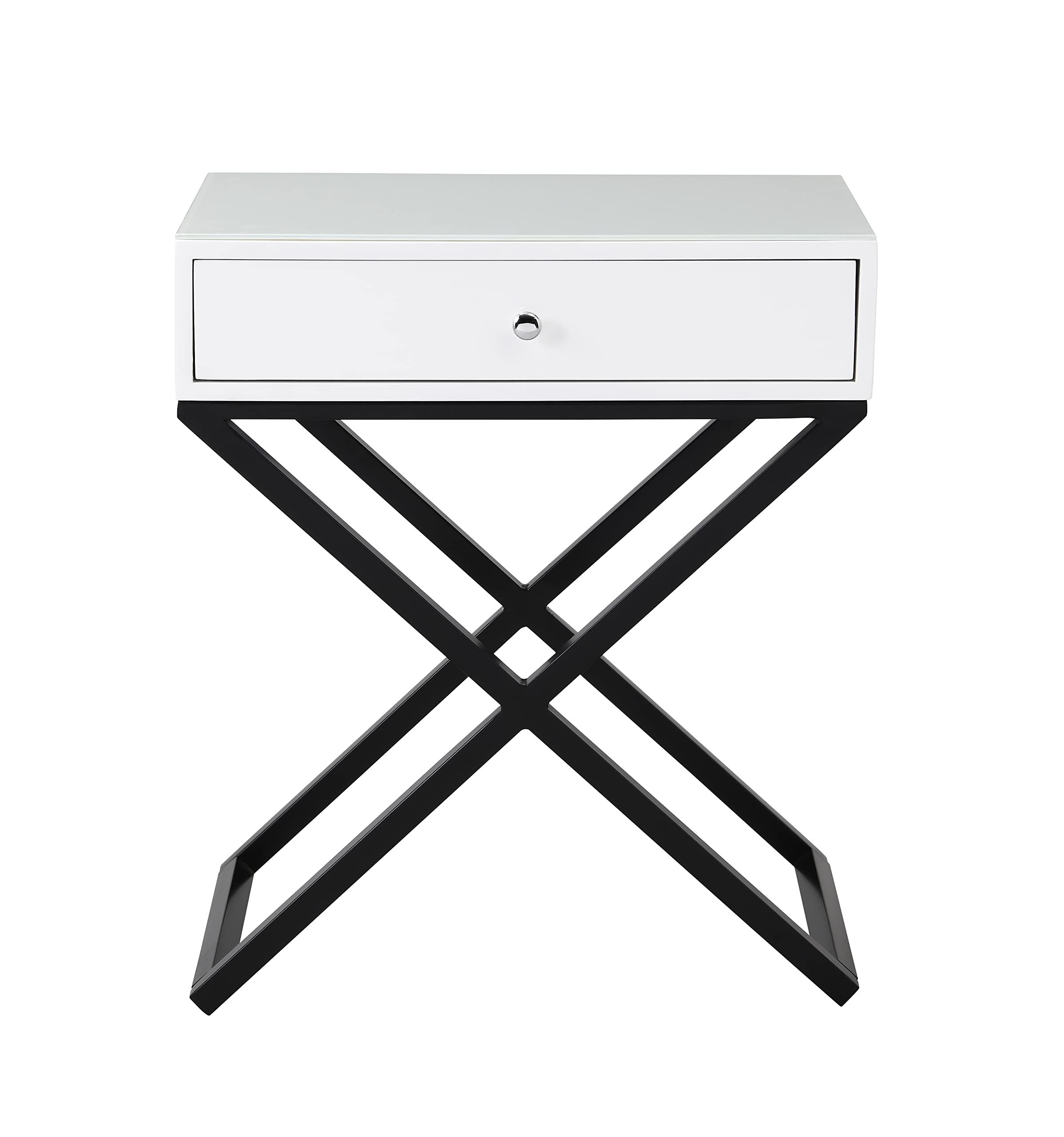Lilola Home Koda White Wooden End Side Table Nightstand with Glass Top, Drawer and Metal Cross Base