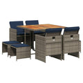vidaXL Patio Dining Set with Cushions - 9-Piece Gray Poly Rattan Furniture for Outdoor, Garden, Backyard, Patio - Acacia Wood Tabletop, Foldable Chairs, Navy Blue Cushions