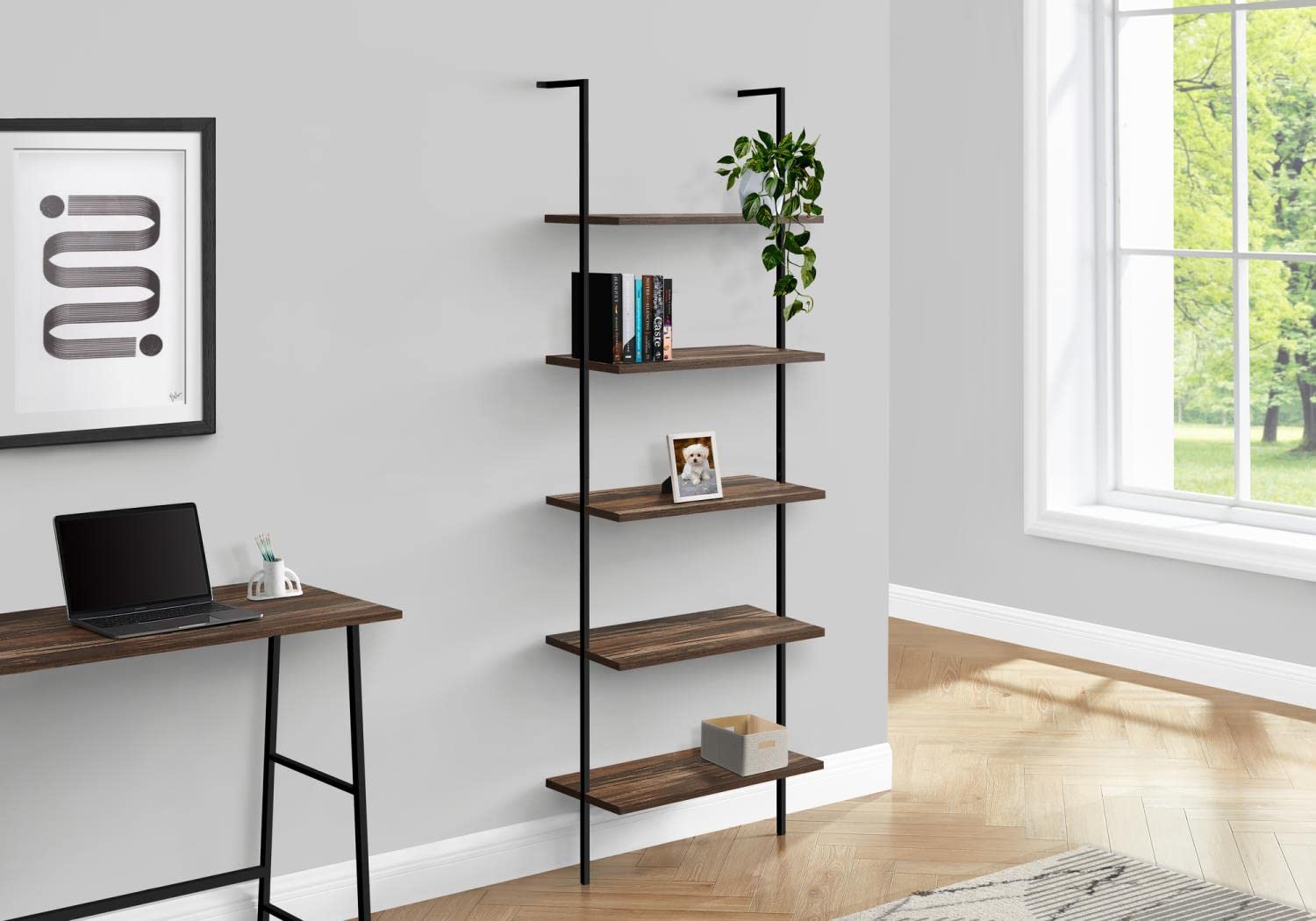 Monarch Specialties I 3680 Bookshelf, Bookcase, Etagere, Ladder, 5 Tier, 72' H, Office, Bedroom, Metal, Laminate, Brown, Black, Contemporary, Modern