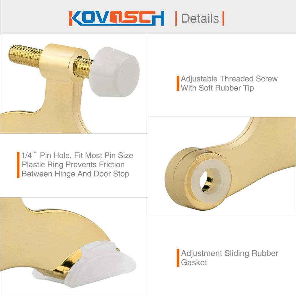 Kovosch 2 Pack Hinge Pin Door Stopper Bright Brass - Adjustable Heavy Duty Gold Hinge Pin Door Stop With White Rubber Bumper Tip