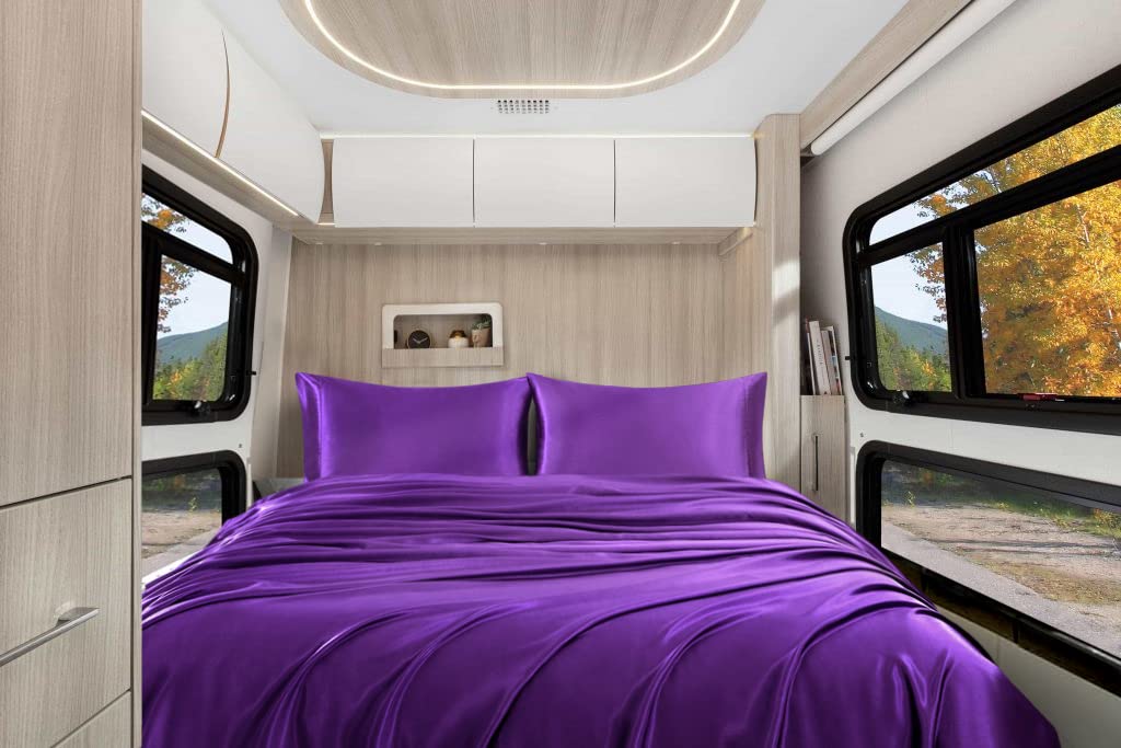 Homiest 4Pcs Rv Short Queen Satin Sheets Set Luxury Silky Satin Bedding Set With 10' Deep Pocket, Camper Queen Sheets, 1 Fitted Sheet + 1 Flat Sheet + 2 Pillowcases (Rv Short Queen, Purple)
