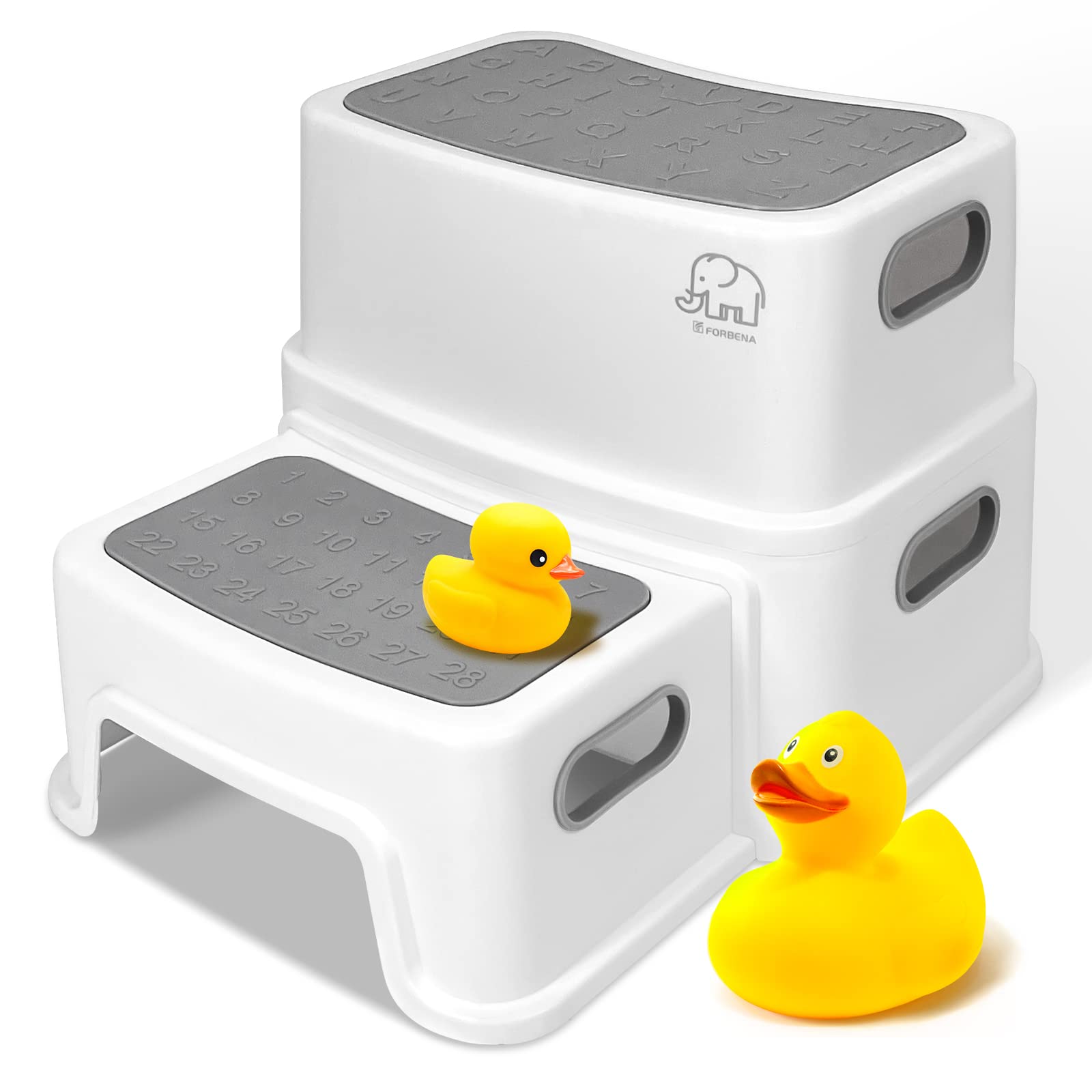 Forbena Toddler Step Stool For Bathroom Sink, 2 Step Stool For Kids Toilet Potty Training, Non-Slip Toddlers Baby Child Kid Plastic Poop Stools With Handle For Kitchen Counter Bed (White-Grey)