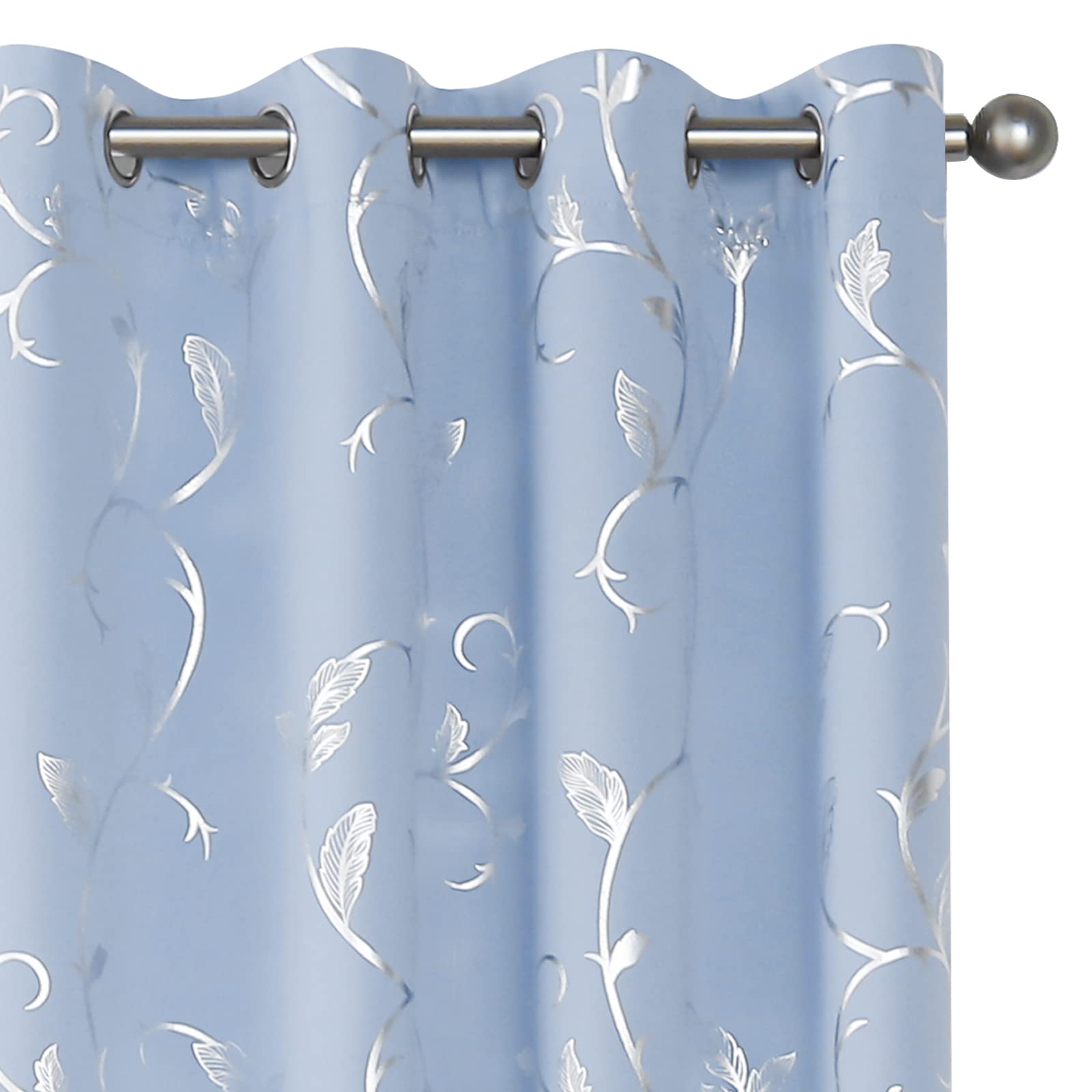 Buhua Blue Blackout Curtain 2 Panel Set Silver Vine Foil Print Thermal Insulated Drapes Room Darkening Curtains Grommet Window T