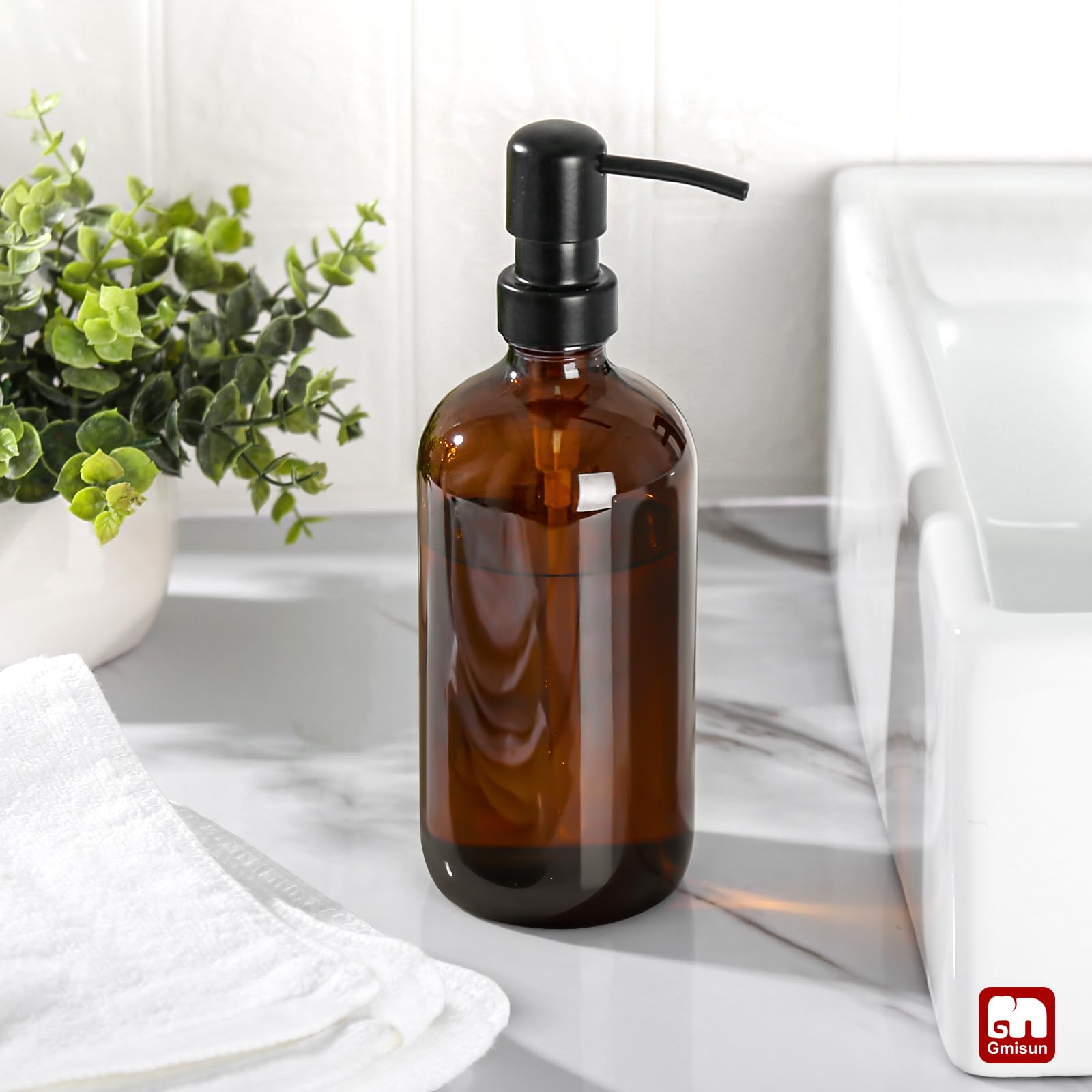 GMISUN Amber Glass Soap Dispenser, 17 Fl Oz, Rustproof Stainless Steel Pump, Kitchen & Bathroom Liquid Soap Bottle, Brown