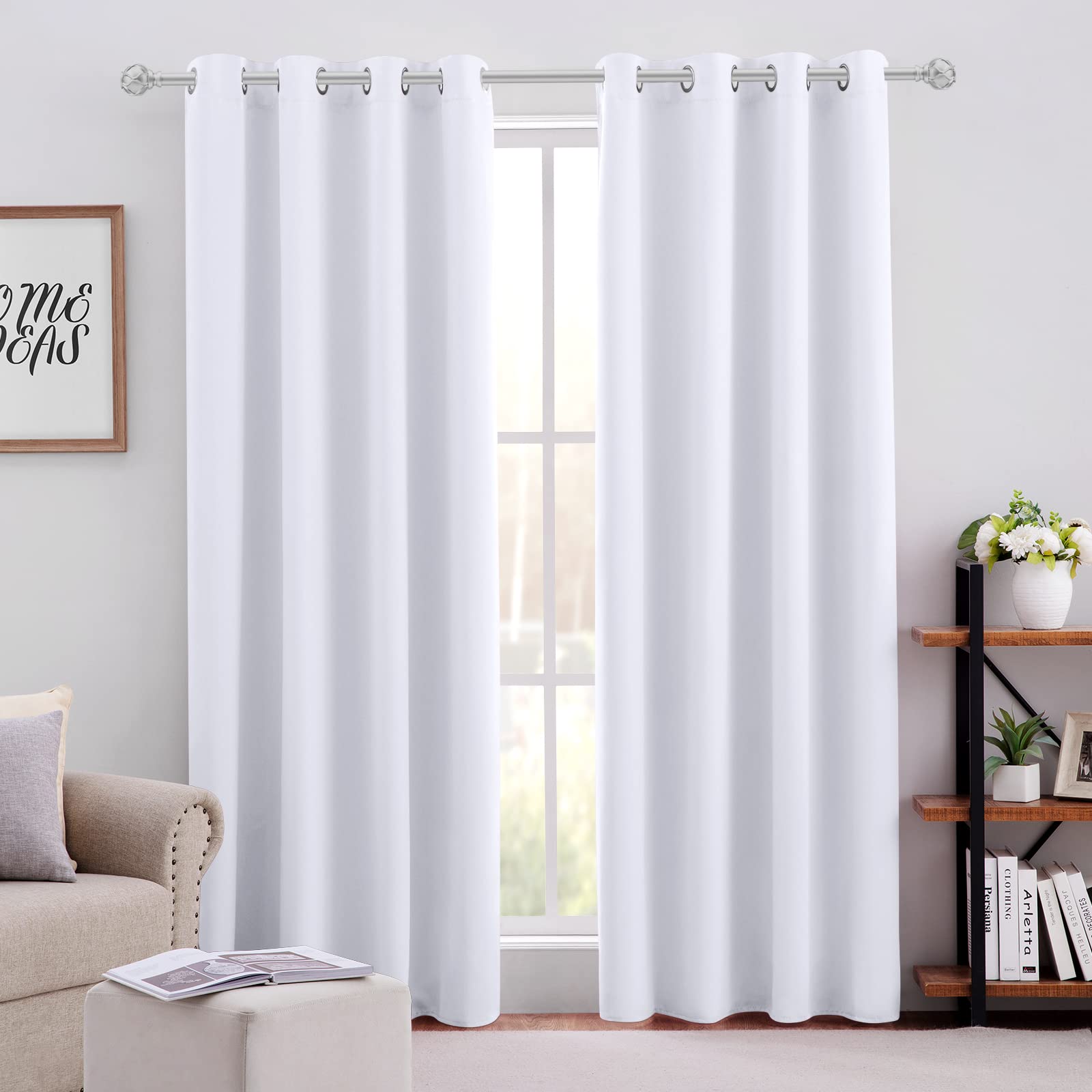 Homeideas Pure White Curtains For Bedroom 52 X 84 Inch Long 2 Panels Set Curtains/Drapes, Grommet Window Curtains For Living Roo