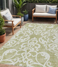 5 X 8 Sage And Ivory Damask Washable Indoor Outdoor Area Rug
