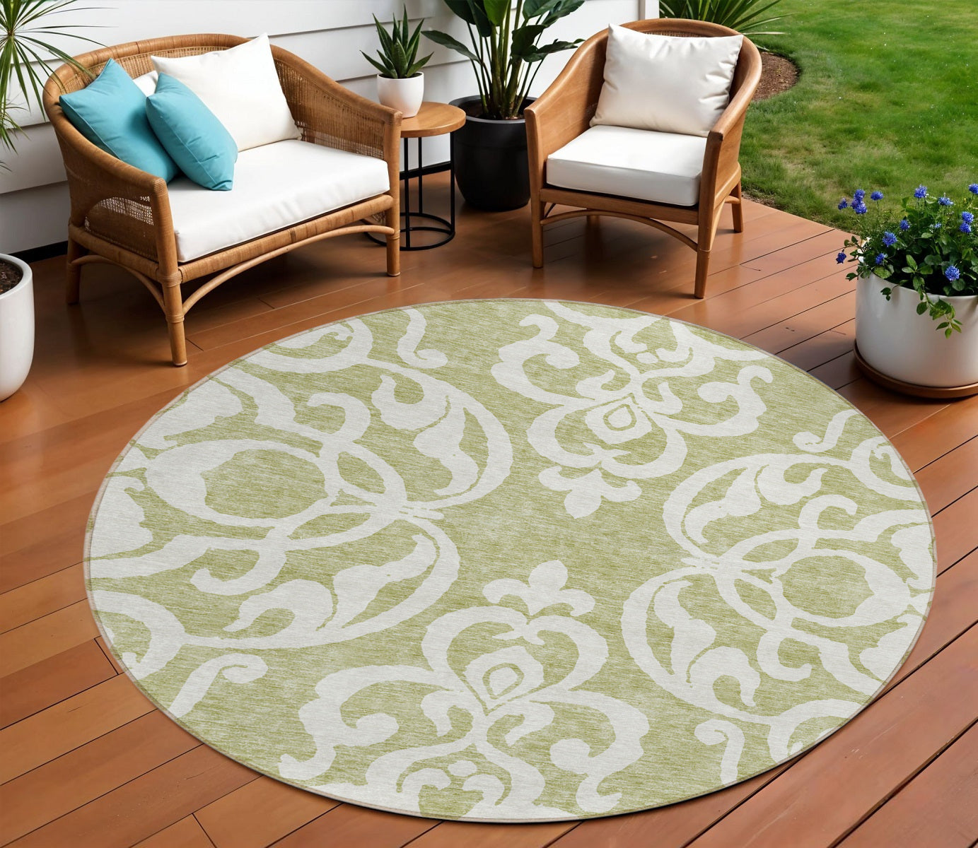 8 Sage And Ivory Round Damask Washable Indoor Outdoor Area Rug