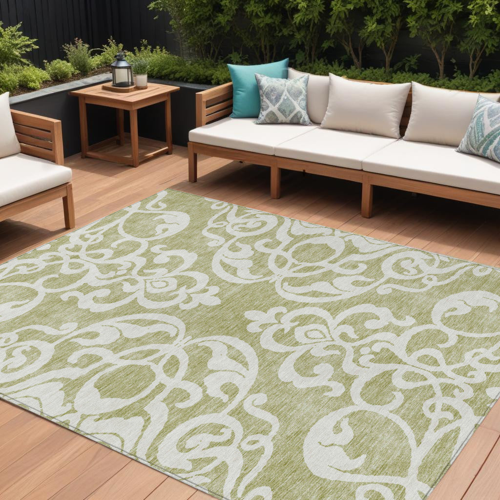 10 X 14 Sage And Ivory Damask Washable Indoor Outdoor Area Rug