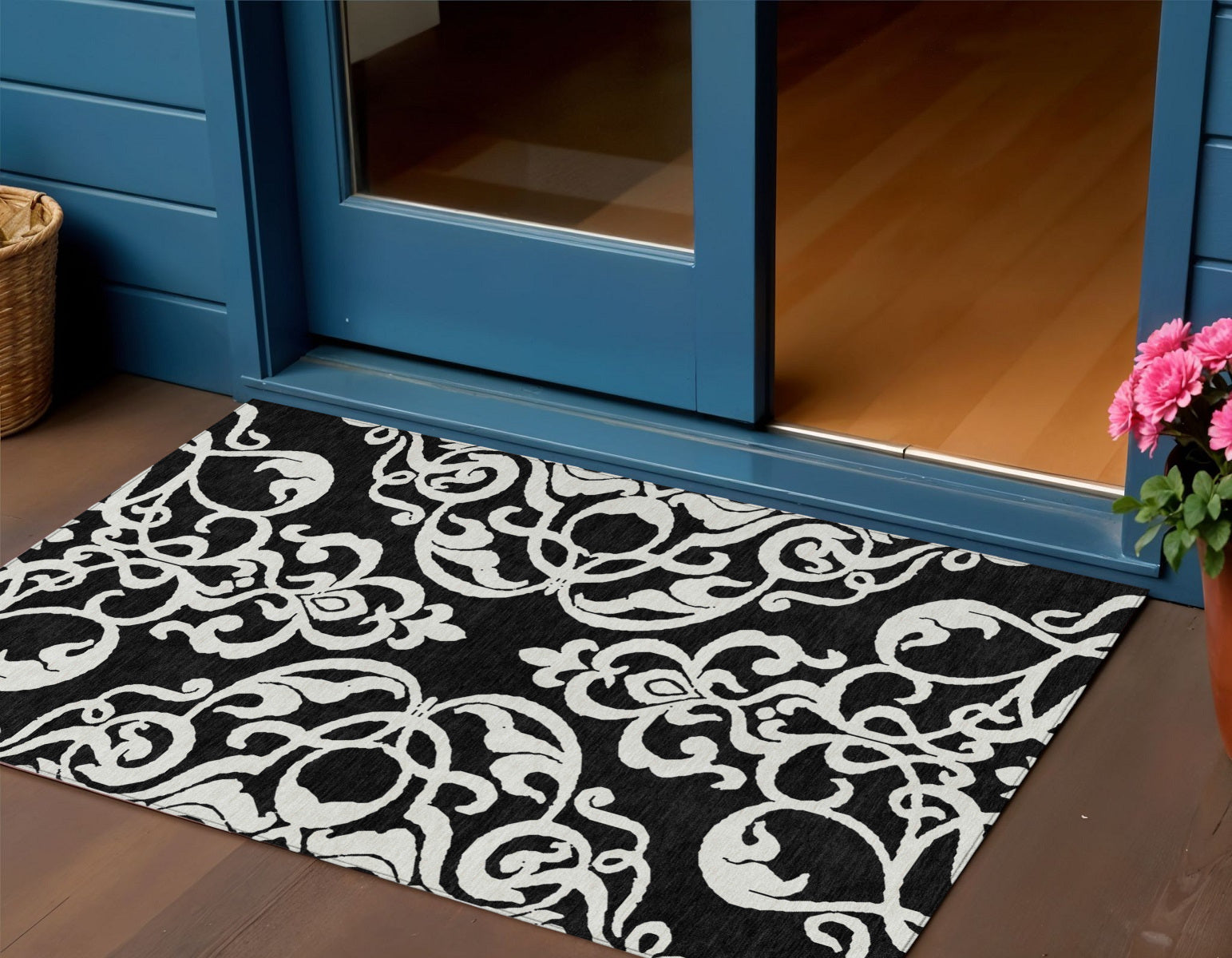 3 X 5 Black And Ivory Damask Washable Indoor Outdoor Area Rug