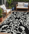 5 X 8 Black And Ivory Damask Washable Indoor Outdoor Area Rug