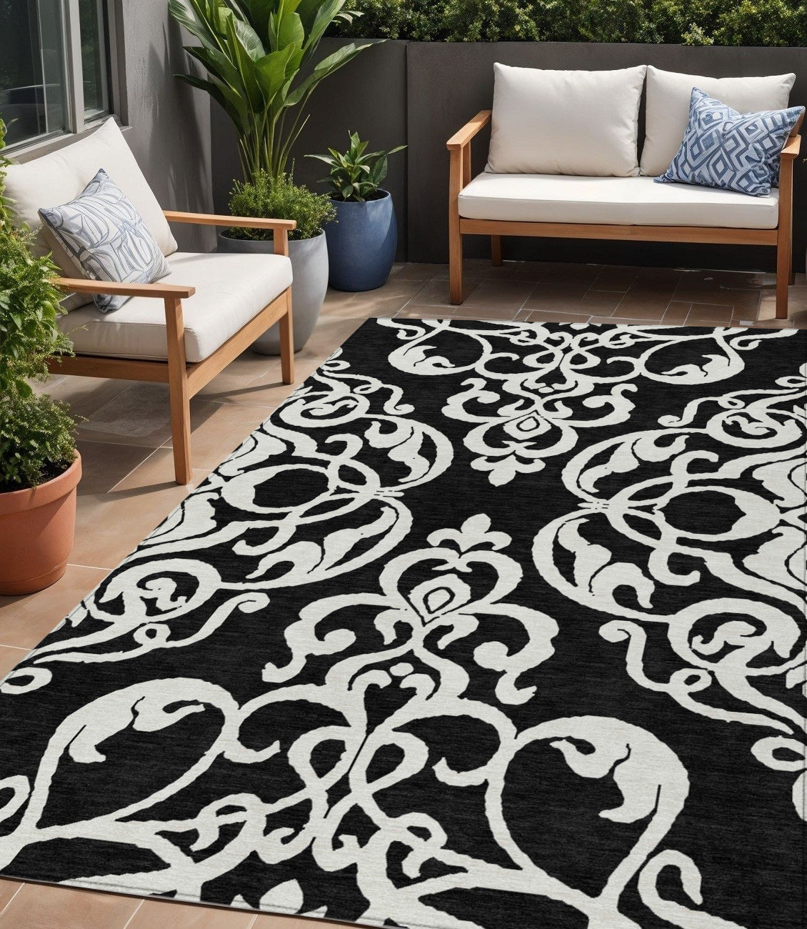 5 X 8 Black And Ivory Damask Washable Indoor Outdoor Area Rug