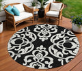8 Black And Ivory Round Damask Washable Indoor Outdoor Area Rug