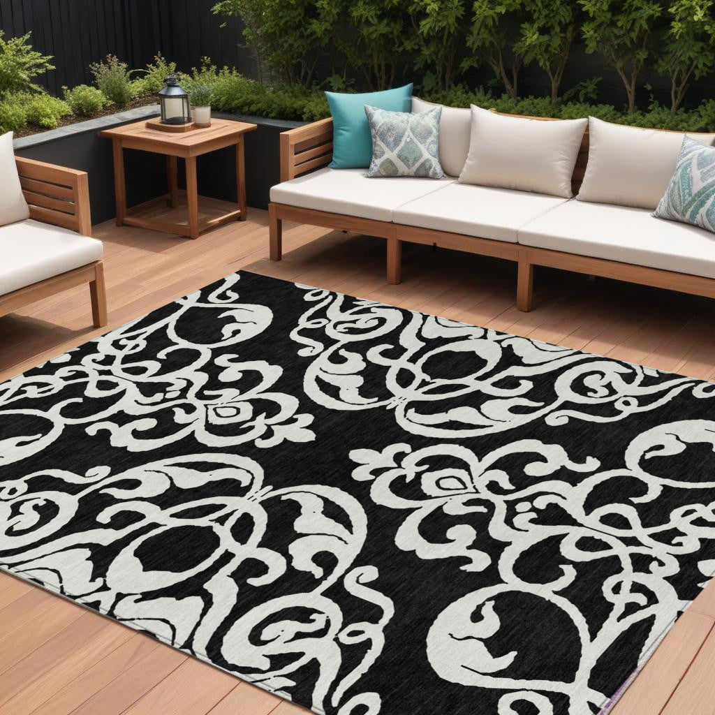 8 X 10 Black And Ivory Damask Washable Indoor Outdoor Area Rug