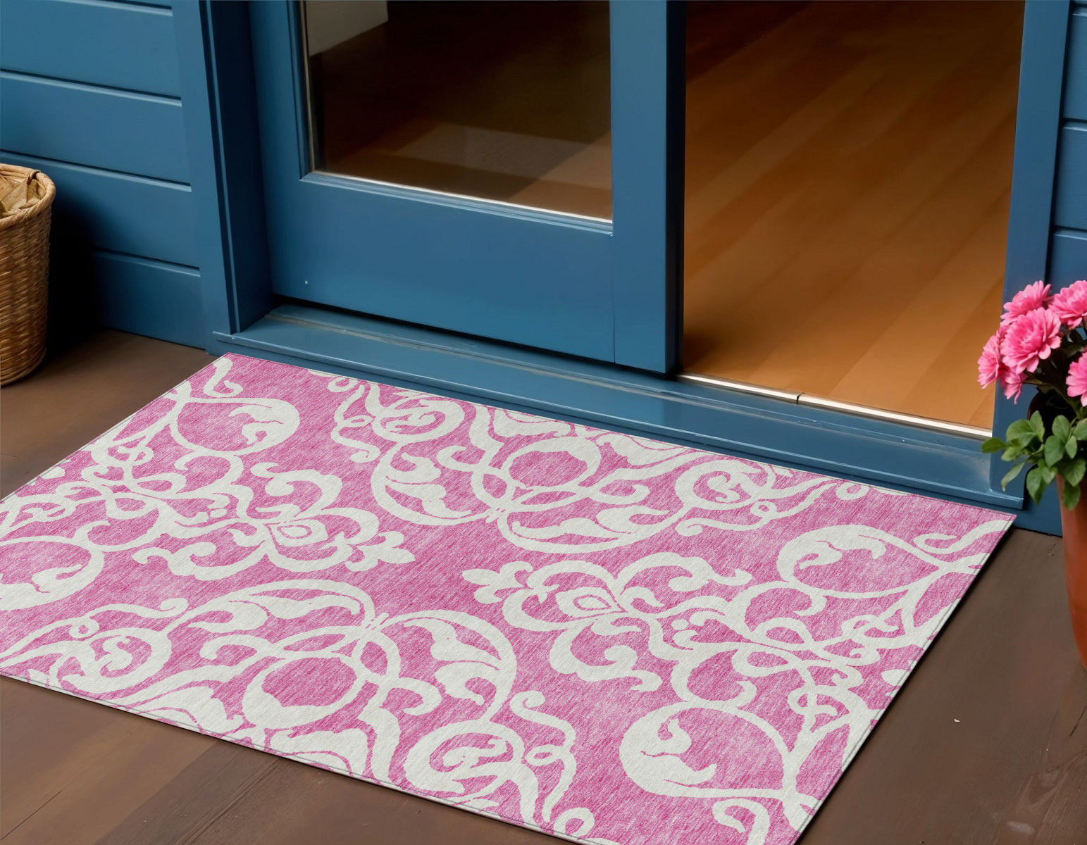 3 X 5 Blush And Ivory Damask Washable Indoor Outdoor Area Rug