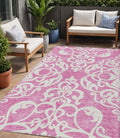 5 X 8 Blush And Ivory Damask Washable Indoor Outdoor Area Rug