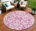 8 Blush And Ivory Round Damask Washable Indoor Outdoor Area Rug