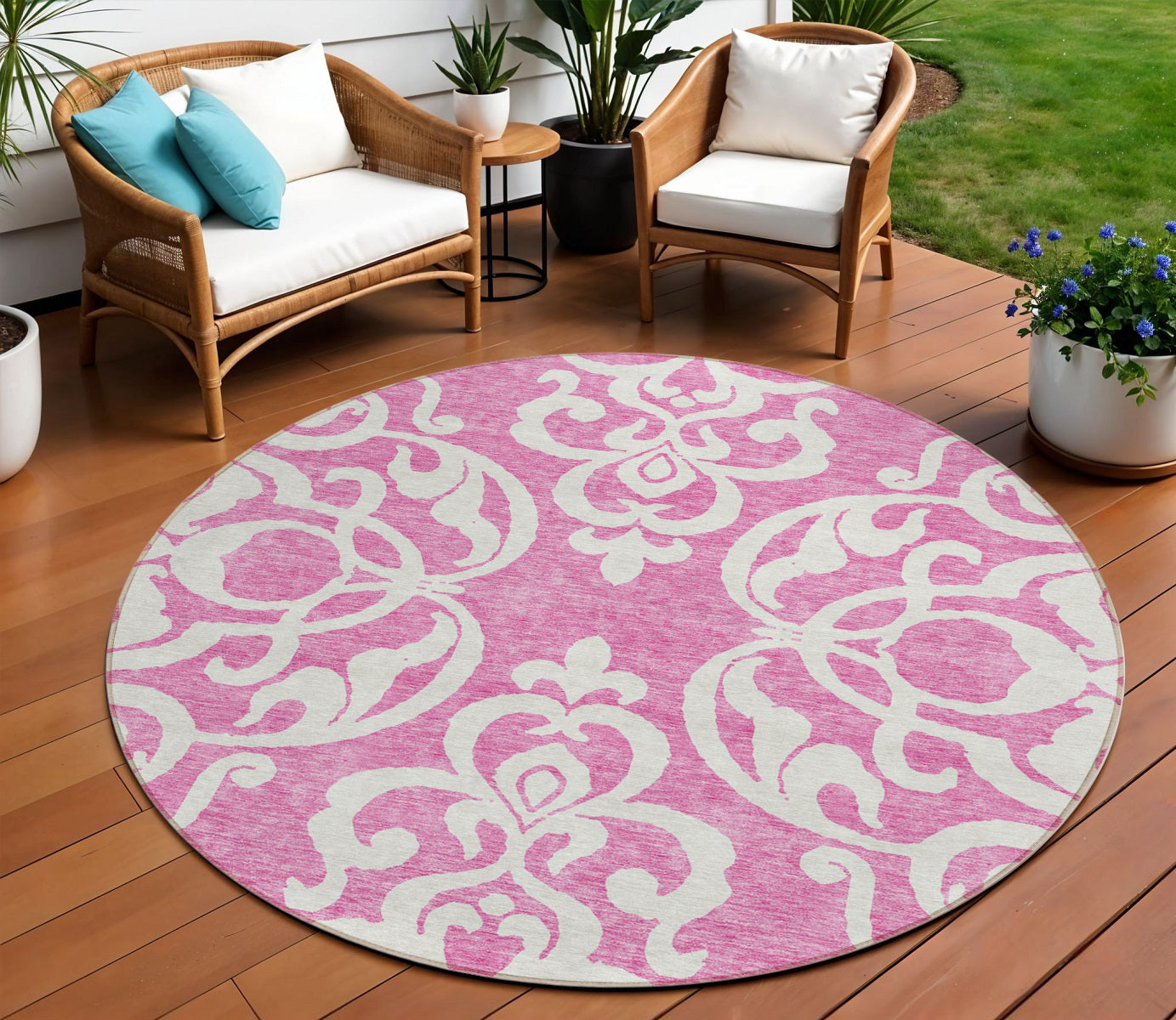 8 Blush And Ivory Round Damask Washable Indoor Outdoor Area Rug