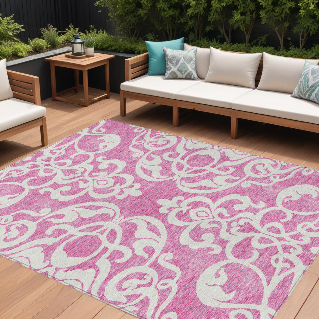 9 X 12 Blush And Ivory Damask Washable Indoor Outdoor Area Rug
