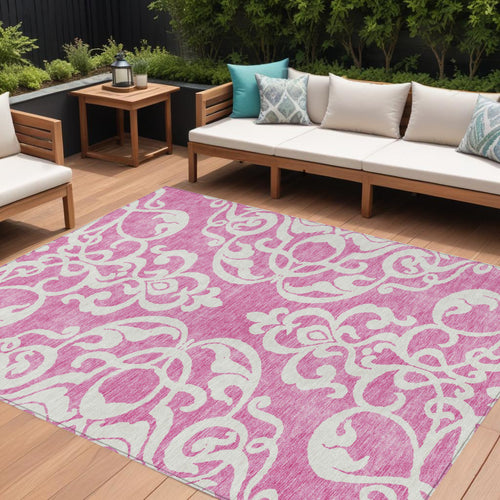 10 X 14 Blush And Ivory Damask Washable Indoor Outdoor Area Rug