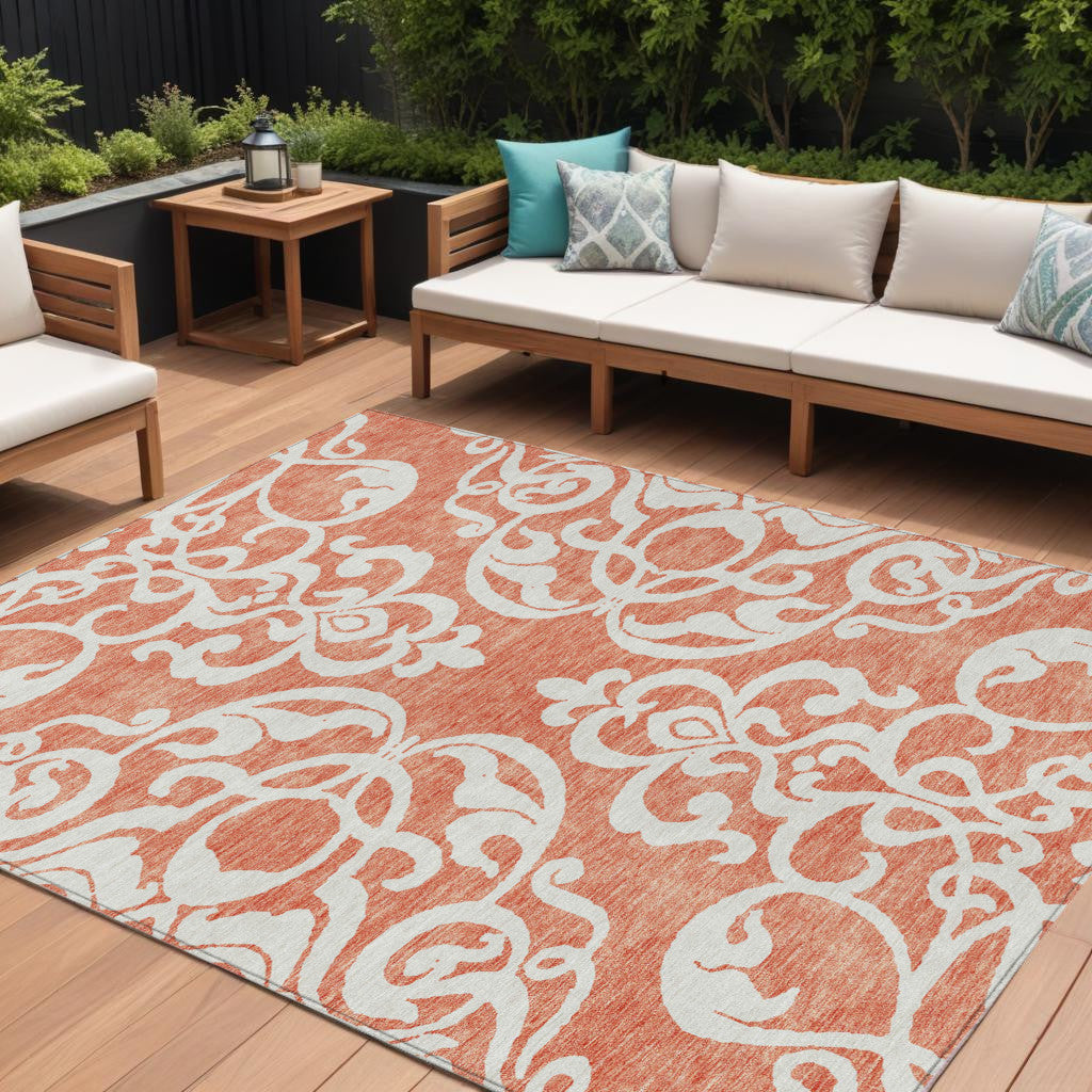 8 X 10 Coral And Ivory Damask Washable Indoor Outdoor Area Rug