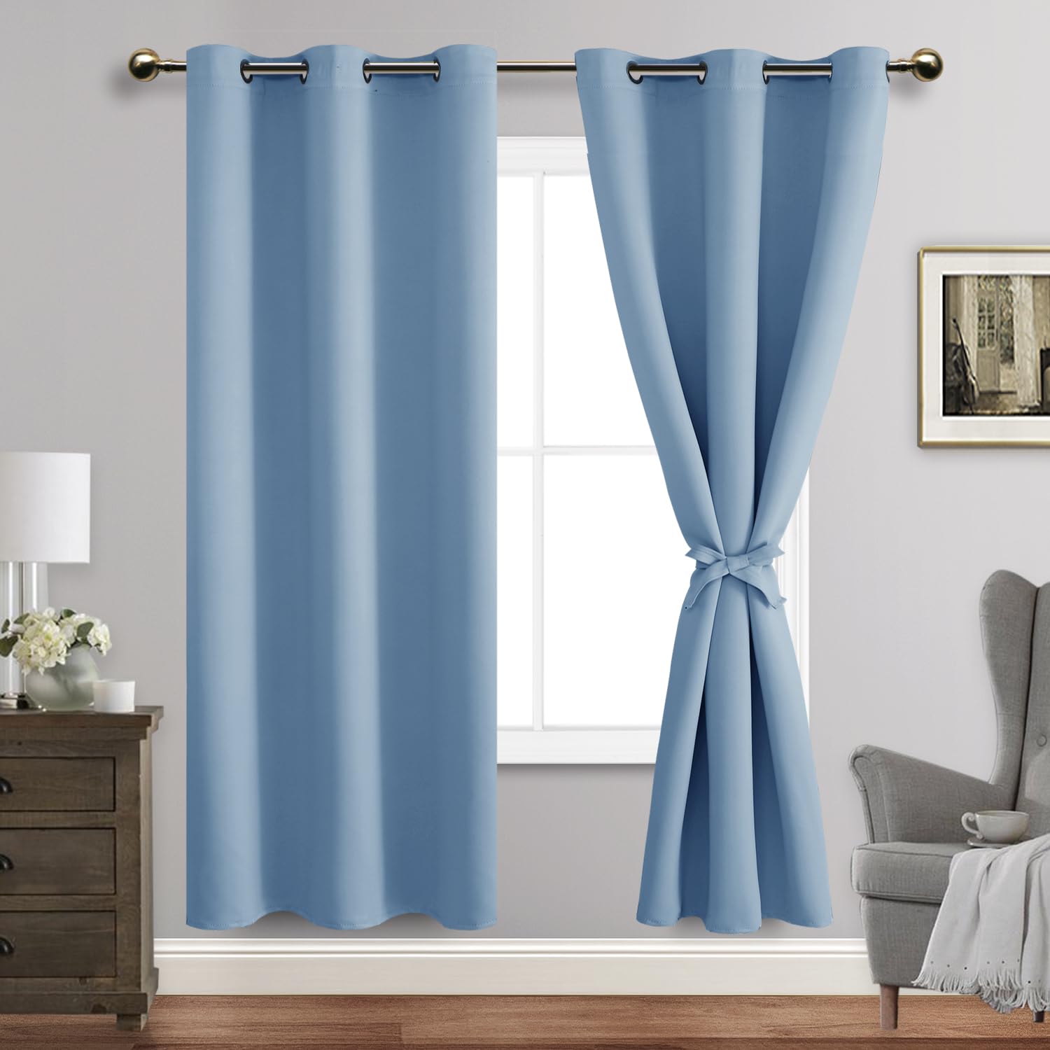 Jiuzhen Light Blue Blackout Curtains With Tiebacks Thermal Insulated, Light Blocking And Noise Reducing Grommet Curtains For And Living Room, Set Of 2 Window Curtain Panels, 42 X 72 Inch Length
