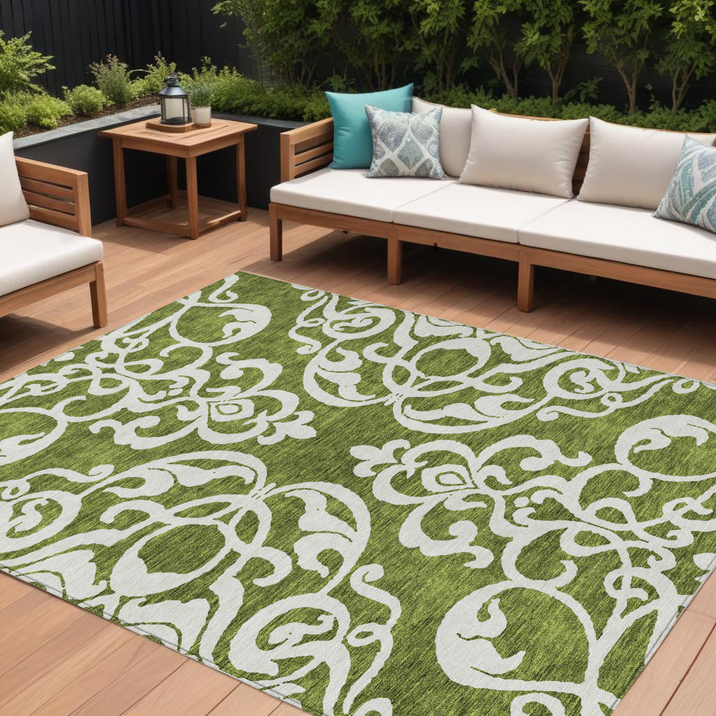 10 X 14 Green And Ivory Damask Washable Indoor Outdoor Area Rug