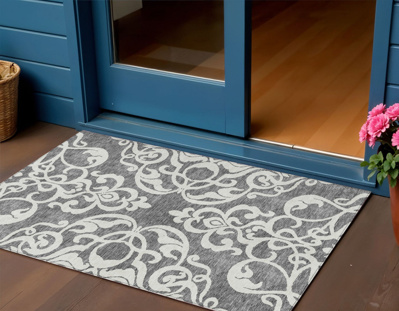 3 X 5 Gray And Ivory Damask Washable Indoor Outdoor Area Rug