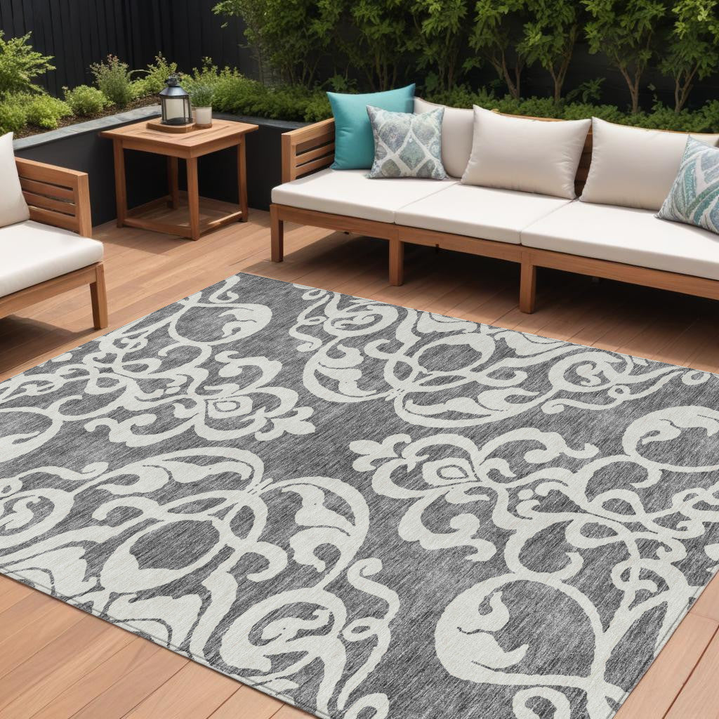 10 X 14 Gray And Ivory Damask Washable Indoor Outdoor Area Rug