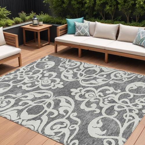 10 X 14 Gray And Ivory Damask Washable Indoor Outdoor Area Rug