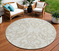 8 Ivory And Beige Round Damask Washable Indoor Outdoor Area Rug