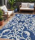 5 X 8 Navy Blue And Ivory Damask Washable Indoor Outdoor Area Rug