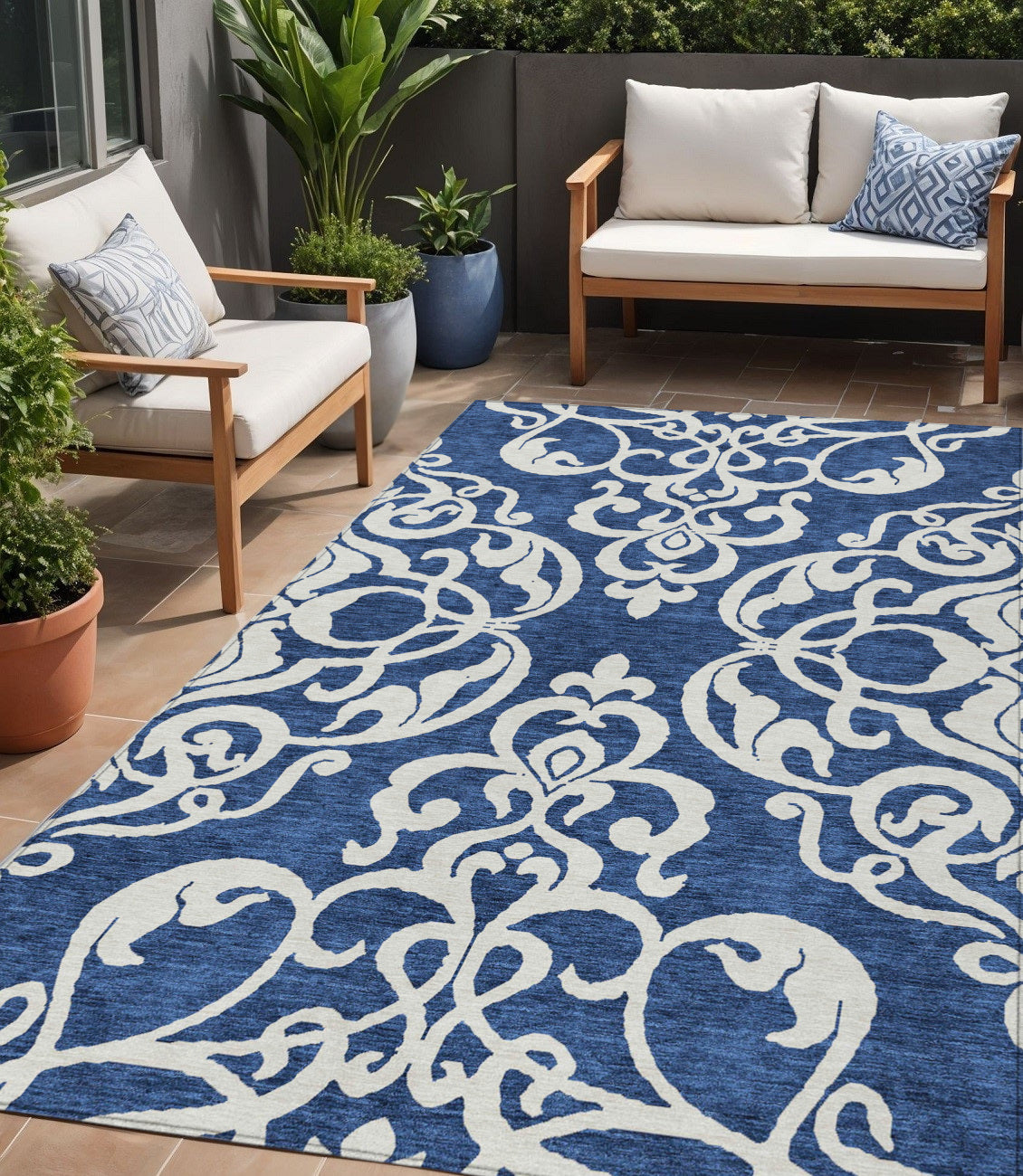 5 X 8 Navy Blue And Ivory Damask Washable Indoor Outdoor Area Rug
