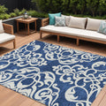 9 X 12 Navy Blue And Ivory Damask Washable Indoor Outdoor Area Rug